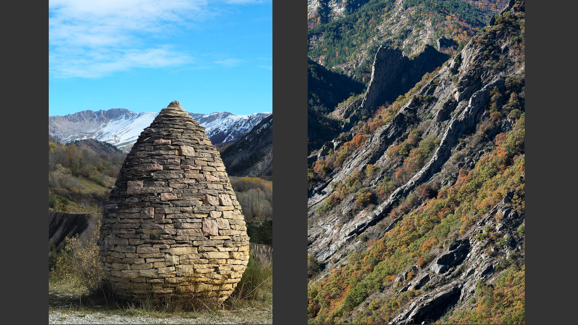 Oeuf de pierre, Sentinelle d'Andy Goldsworthy et lame de pierre naturelle à Esclangon