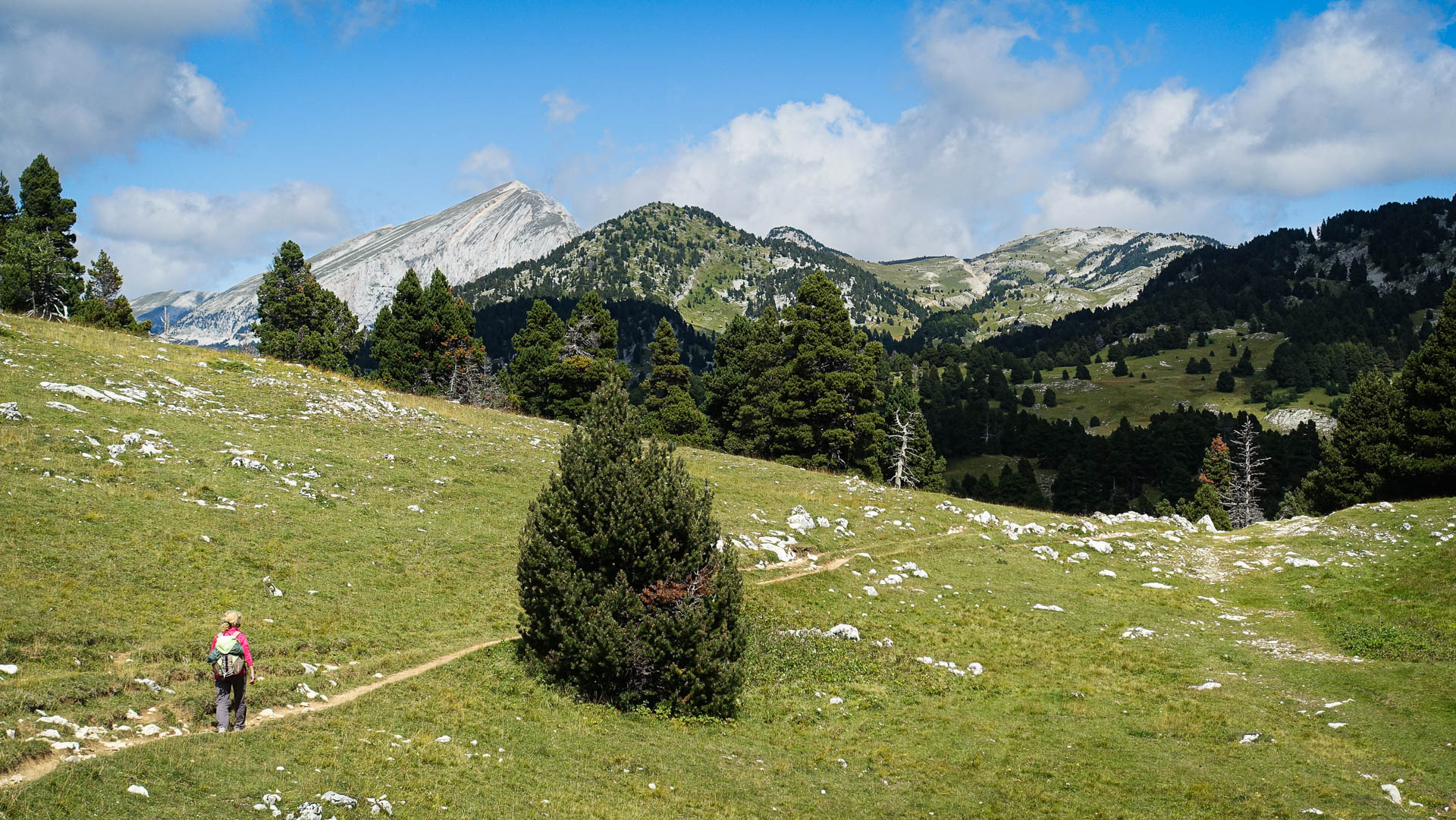 En chemin sur les Haut Plateaux du Vercors, le Grand Veymont au fond